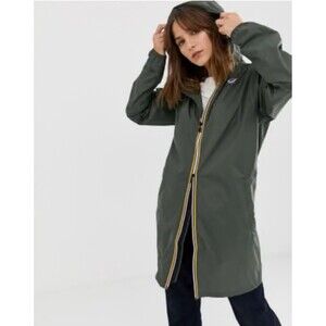 K Way eiffel longline waterproof jacket Unisex XS Green Zip @G44 Hoodie Pocket